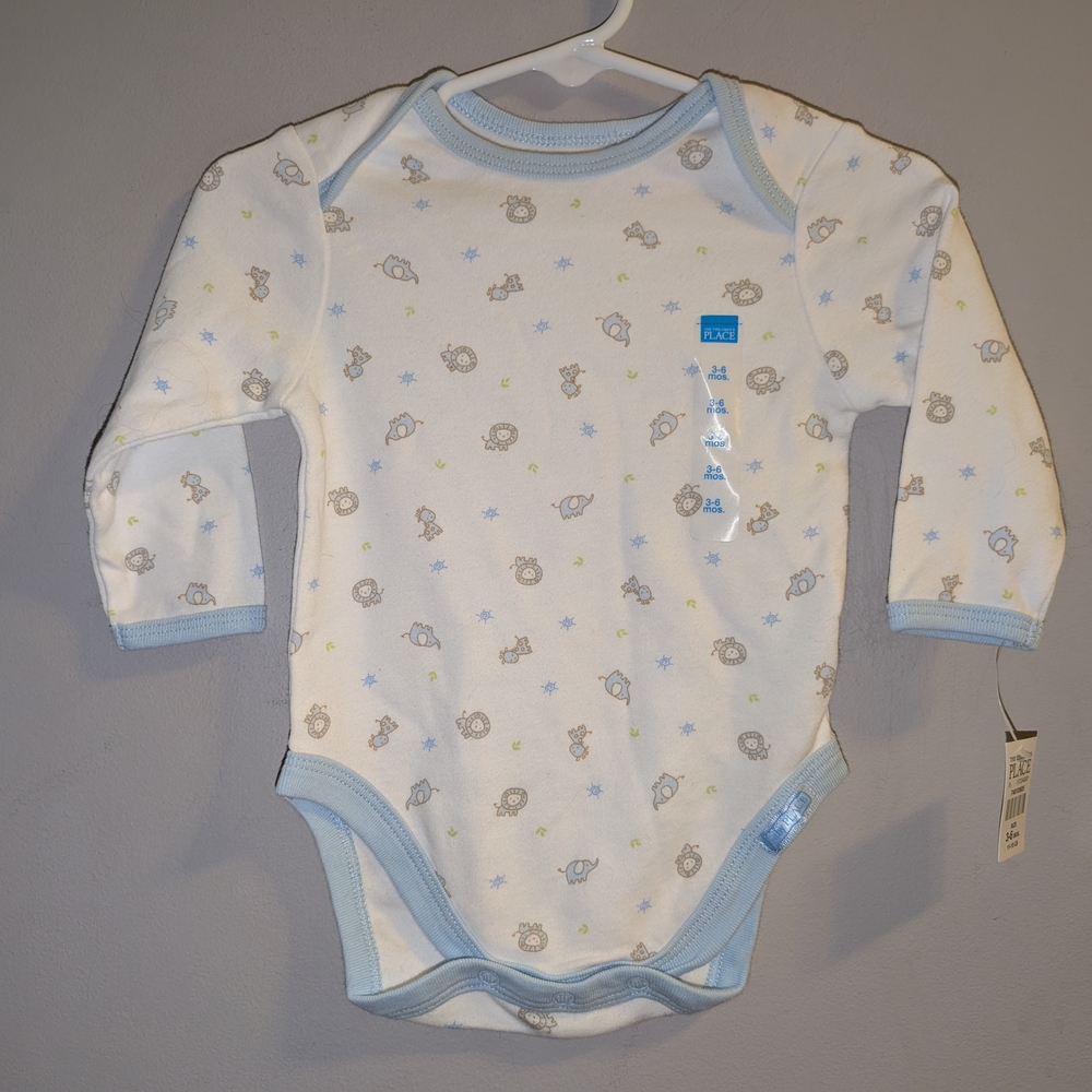 🆕 The Children's Place White Blue Vintage Baby Bodysuit w Zoo Animal Print 3-6